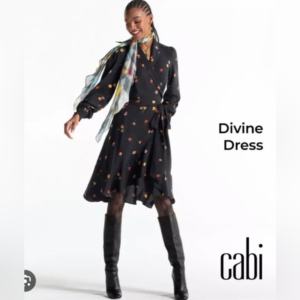Cabi Divine Multicolor Floral True Wrap Ruffle Puff Sleeves Black Dress size M